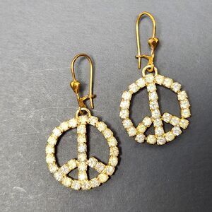 Vintage Peace Sign Dangle Earrings Glass Rhinestones Boho Hippie Chic